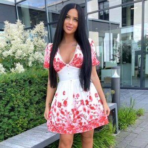 White Floral Print Short Sleeve V-Neck Fit and Flare Mini Dress